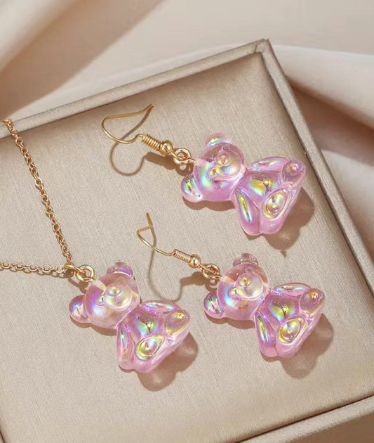 3pcs Colorful Acrylic Cartoon Animal Bear Pendant Necklace And Earrings Set Accessories For Girls
